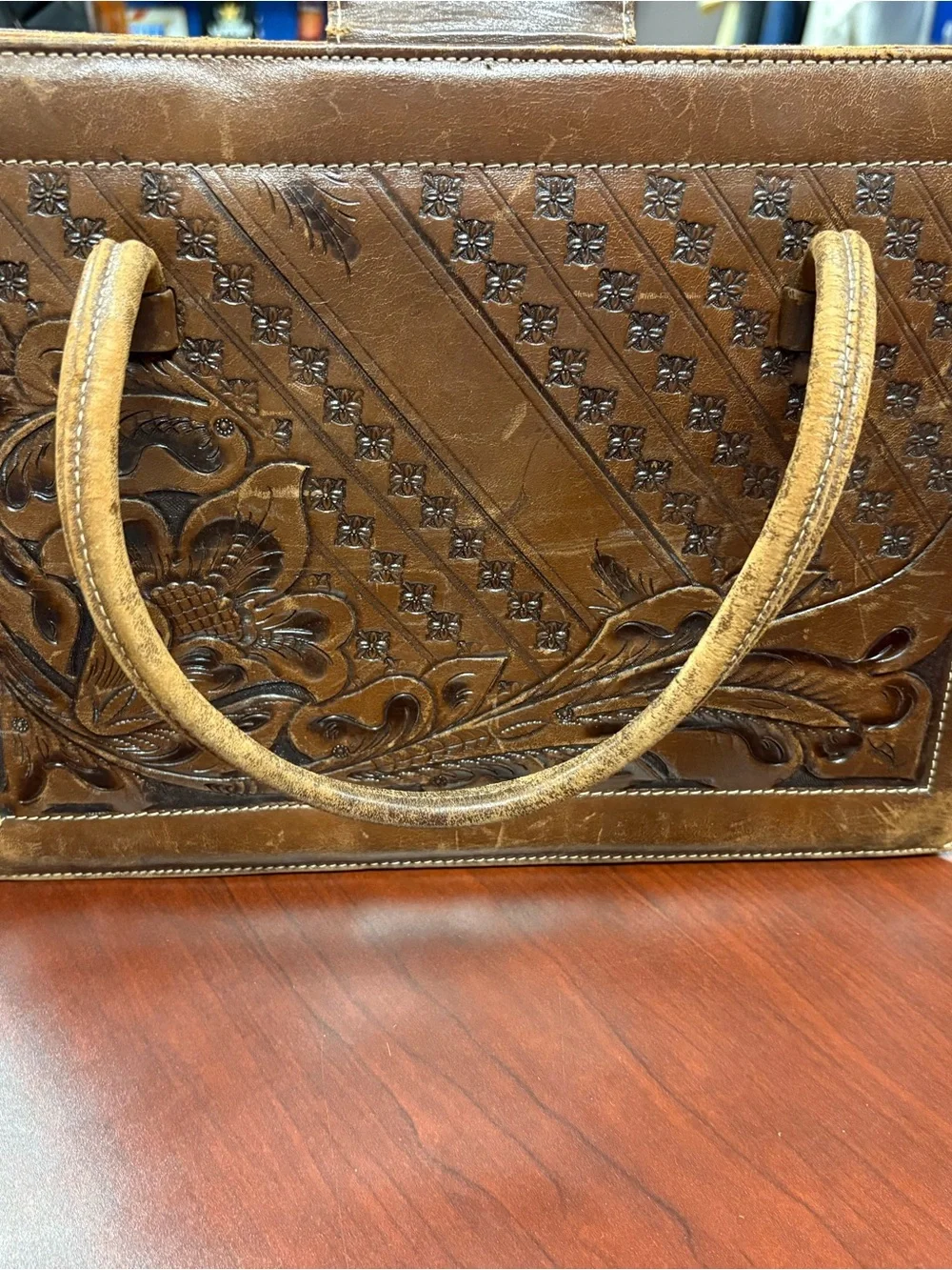 Vintage Mexican Tooled Leather Briefcase Satchel Floral Handcrafted Brown Bag